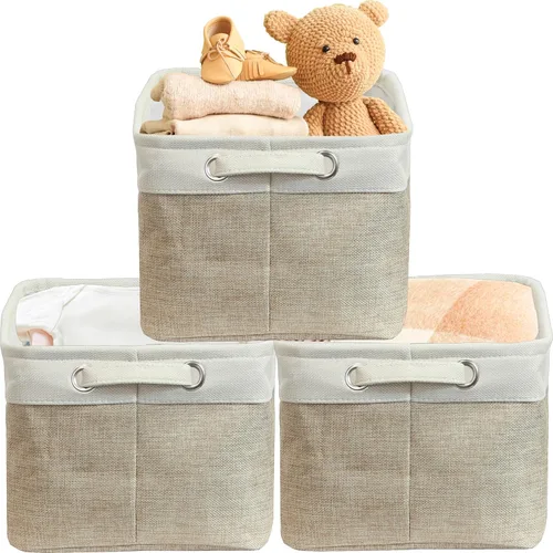 Miniatura 24 de Simple Houseware Cubos de almacenamiento de tela grandes de 13 x 13 pulgadas para armario y organizador de cubos, paquete de 3, color beige