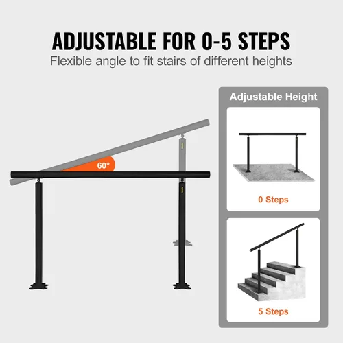 Miniatura 4 de VEVOR Kit de barandilla para escaleras al aire libre, pasamanos de 5 pies de 0 a 5 escalones, barandilla de aluminio negro de ángulo ajustable