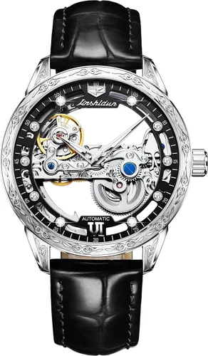 Miniatura 2 de Relojes de cuero de esqueleto para hombre, vestido de lujo automático, mecánico, automático, impermeable, luminoso, relojes de pulsera