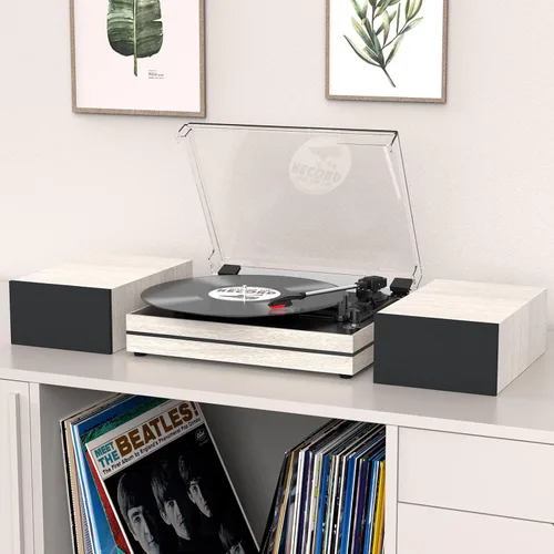 Miniatura 7 de Tocadiscos para vinilos con altavoces externos, transmisión por correa, tocadiscos retro para discos de vinilo, altavoces estéreo duales, Madera