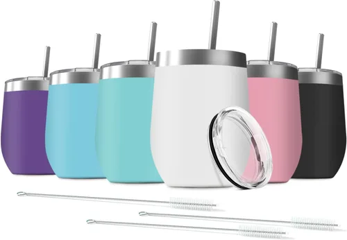 Miniatura 24 de Vaso de vino de 12 onzas con tapa con pajita, vaso de vino de acero inoxidable, vaso de vino de doble pared aislado al vacío, tazas de viaje sin