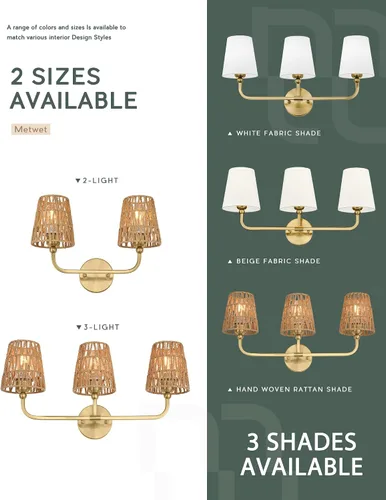Miniatura 8 de VL837-BG-RA-2 - Lámparas de baño de 2 luces, luces de ratán dorado cepillado, aplique de doble pared con pantalla tejida a mano acampanada, apliques