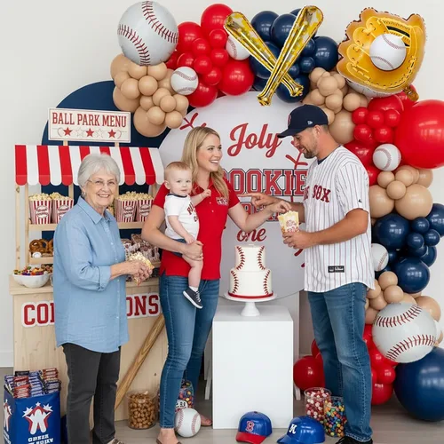 Miniatura 6 de Decoraciones de fiesta de cumpleaños de béisbol, arco de globos azul marino y rojo desnudo con bate de béisbol y guantes y pancarta de feliz