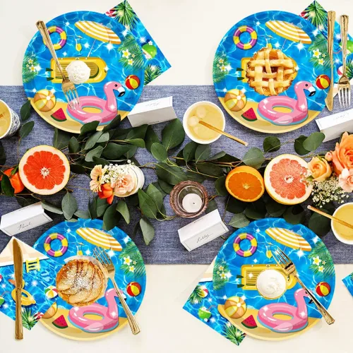 Miniatura 6 de 40 piezas de suministros para fiesta de playa, pelota de playa, piscina, platos de fiesta de verano de 7 pulgadas, platos de papel para piscina
