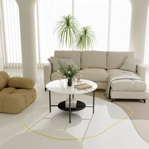 Miniatura 2 de Wisfor Mesa de centro de mármol para sofá de mesa: mesa central redonda de piedra sinterizada blanca de 2 niveles con Fram negro para sala de estar