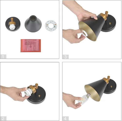 Miniatura 8 de Aplique de pared, 1 aplique de pared negro y dorado, lámpara moderna de pared de granja con pantalla de metal para dormitorio, sala de estar