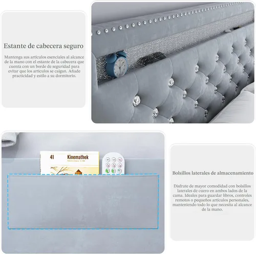Miniatura 6 de Marco de Cama Queen con LED y 2 Cajones, Cabecero de Plataforma Moderno Resistente Ajustable Tapizado con Botones de Cristal Acolchado, Marco de Gris
