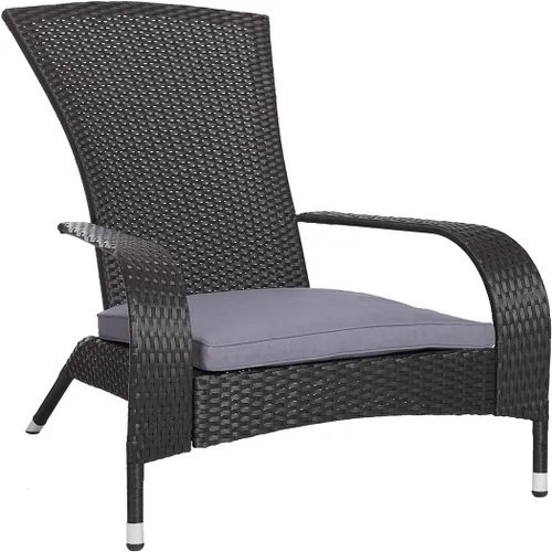 Pacifico - Sillón de mimbre negro con cojín gris, para todas las estaciones, ligero, estilo Adirondack, duradero y elegante sillón para exteriores,