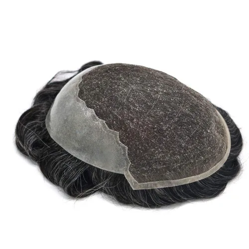 Miniatura 3 de Toupee para hombres, sistema de reemplazo de cabello humano Remy, nudos blanqueados, encaje frontal, piel fina, para hombre, color gris, pelucas