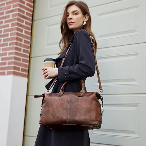 Miniatura 2 de Iswee - Bolso de hombro de cuero genuino, bolso tote con diseño de morral, con asa superior, bolso de gran capacidad, bolso cruzado