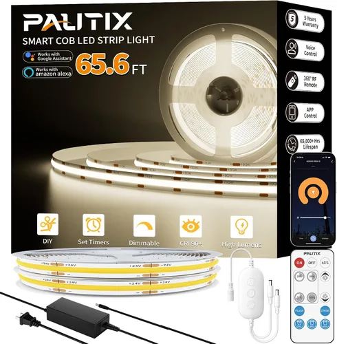 Miniatura 12 de PAUTIX Tiras de luces LED COB 65.6 pies/20m blanco cálido 2700K, compatible con Alexa/Google Assistant, tiras LED regulables para dormitorio