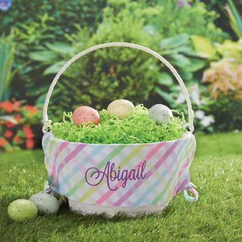Miniatura 2 de Cesta de huevo de Pascua personalizada con asa y nombre personalizado en escritura morada Forro de canasta de Pascua multicolor Cesta blanca