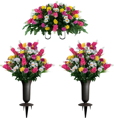 Miniatura 18 de Sympathy Silks Flores artificiales para cementerios – Decoraciones para tumbas - 1 ramo de flores silvestres de violeta púrpura y naranja, 1 montura