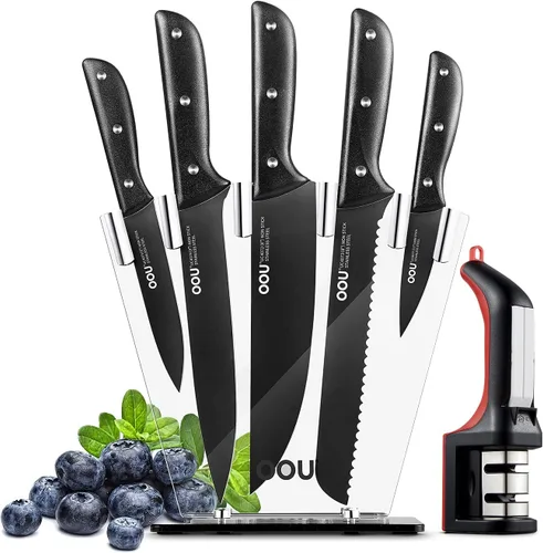 Miniatura 10 de OOU Juego de cuchillos de cocina 2025 con bloque, juego de cuchillos de acero inoxidable alemán de 15 piezas con varilla de afilar, mango de madera
