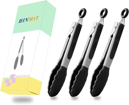Miniatura 5 de HINMAY Mini pinzas con puntas de silicona pinzas de cocina de 7 pulgadas, juego de 3 (negro)