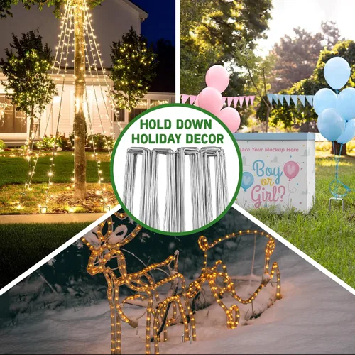 Miniatura 7 de Breezz Paquete de 25 grapas de jardín de 6 pulgadas, pines galvanizados de calibre 12, estacas de suelo de servicio pesado para barrera de malas