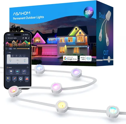 Miniatura 14 de ASAHOM AI - Luces permanentes para exteriores S107B, 100 pies con 72 luces LED RGBCW, 30,000 efectos de iluminación, controlador con doble salida