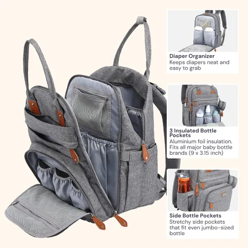 Miniatura 5 de BabbleRoo - Mochila para pañales - Bolso de viaje con artículos esenciales para bebés - Mochila multifuncional resistente al agua, bolso de viaje