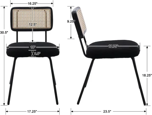 Miniatura 3 de Juego de 2 sillas de comedor de ratán, sillas de comedor de caña tapizadas de sherpa negro con respaldo de ratán, sillas de comedor tejidas