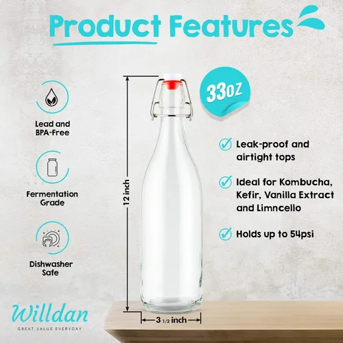 Miniatura 4 de Botellas de vidrio con tapa abatible [1 litro / 33 onzas líquidas] [Paquete de 4] - Botellas de coquito con tapa abatible para kombucha