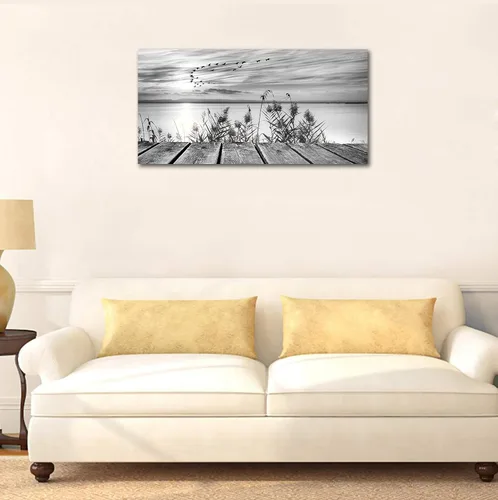 Miniatura 2 de yearainn Arte de Lienzo de Pared en Blanco y Negro Lago al Atardecer con Pájaros Voladores Cuadros para Decoración de Pared Paisaje Natural Pintura