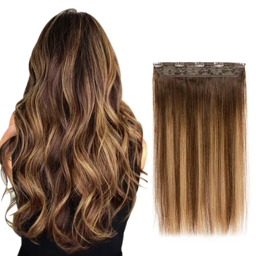 Miniatura 24 de Winsky Extensiones de cabello de cabello humano real - Una pieza con reflejos rubios, extensiones de cabello Remy con clip para mujeres