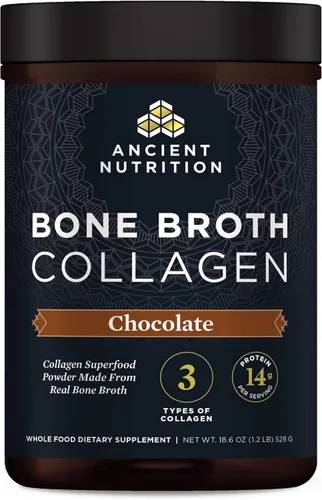Ancient Nutrition Colágeno en polvo, caldo de hueso, colágeno, chocolate, péptidos multicolágeno hidrolizados, apoya la piel y las uñas, suplemento
