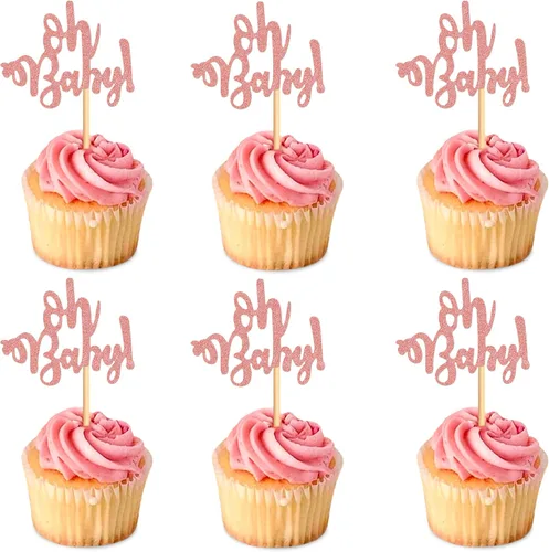 Ercadio 24 piezas Oh Baby Cupcake Toppers Glitter Rose Gold Cake Topoper para niños o niñas, temática de baby shower, cupcakes, fiesta de cumpleaños