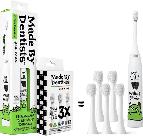 Made by Dentists Cepillo de dientes eléctrico para niños, cepillo de dientes vibratorio recargable con temporizador, incluye 6 cabezales de