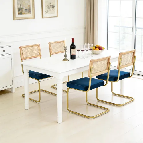 Miniatura 5 de CangLong Juego de 2 sillas de comedor de terciopelo, sillas de comedor de ratán con patas de metal y respaldo de ratán de malla natural, sillas