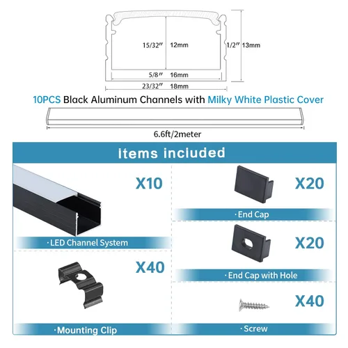 Miniatura 2 de Muzata Paquete de 10 unidades de 6.6 pies/6.6 ft con sistema de canal LED negro en forma de U con cubierta de difusor blanco lechoso esmerilado