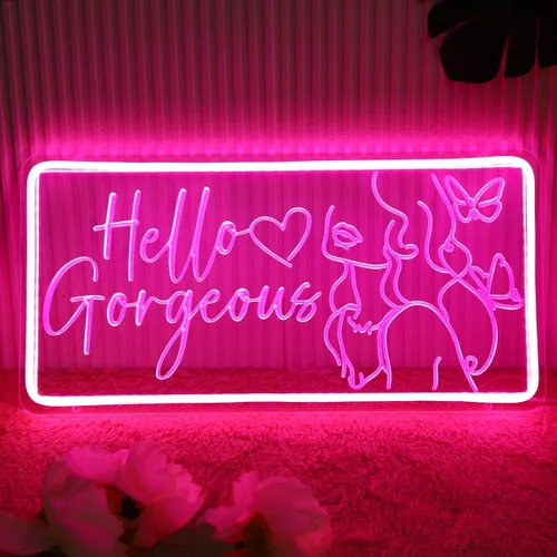 Miniatura 2 de Britrio Letrero de neón Hello Gorgeous para decoración de pared, luz de neón LED rosa, señal de pared de mariposa en forma de corazón