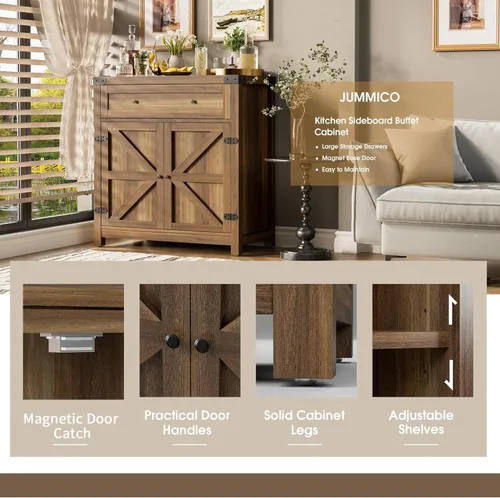 Miniatura 5 de JUMMICO Gabinete de barra de café, aparador de cocina de granja, gabinete de buffet con cajón y estante ajustable para puerta de granero de Marrón