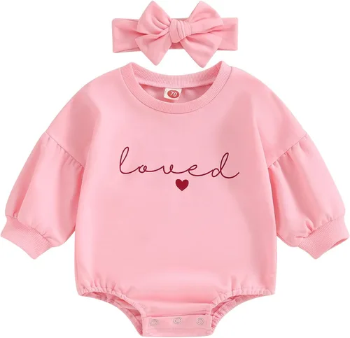 Miniatura 31 de Traje de bebé niña para el primer día de San Valentín, mameluco de burbujas con cuello redondo, sudadera linda para primavera y otoño