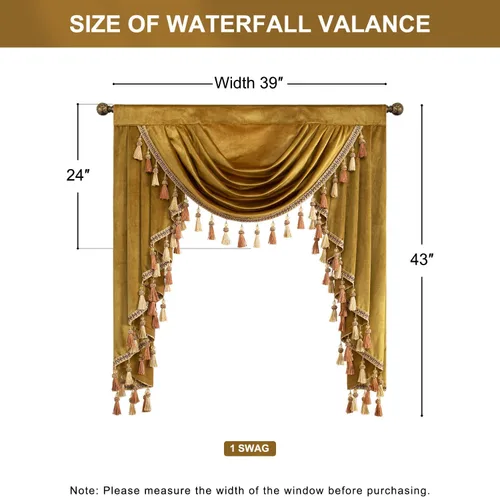 Miniatura 3 de VOGOL Cenefa de cortinas de terciopelo grueso para dormitorio, cenefas de cascada de lujo con aislamiento térmico dorado para sala de estar formal