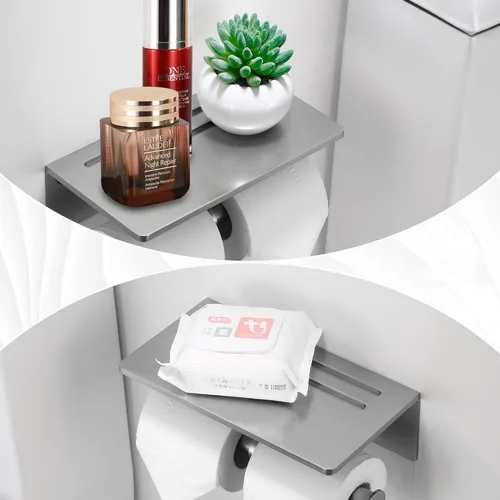 Miniatura 2 de Soporte de papel higiénico – Soporte de papel higiénico de aluminio de doble rollo con estante para teléfono móvil para baño, autoadhesivo 3M, sin
