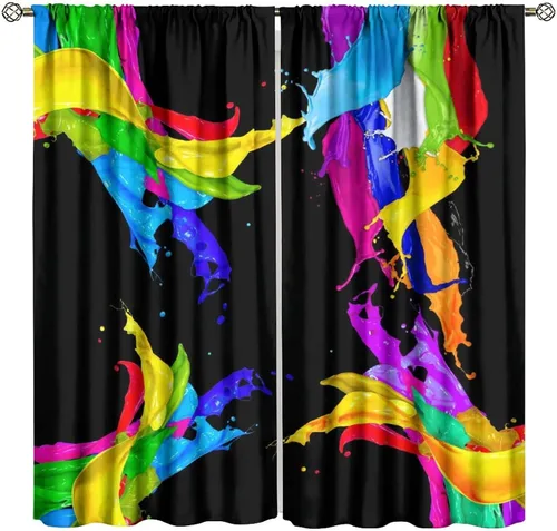 Miniatura 36 de Cortinas opacas abstractas de arco iris, pintura de color arcoíris con gotas, diseño gráfico creativo con bolsillo para barra, para sala de estar