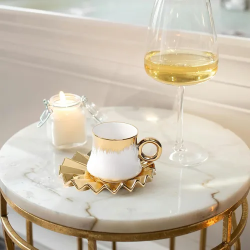 Miniatura 7 de Juego de 6 tazas de café turco de cerámica de 3.5 onzas, tazas y platillos de porcelana para capuchino italiano británico con ribete dorado