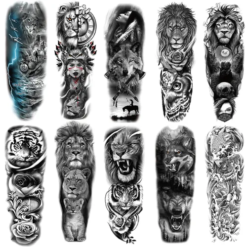 Tatuajes de manga de león de tigre, tatuajes falsos de medio brazo y calcomanías de tatuaje de manga completa para mujeres y hombres, 10 hojas