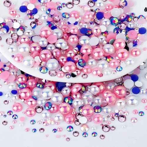 Miniatura 7 de 60g de perlas planas mixtas y diamantes de imitación para manualidades, vasos, zapatos, arte de uñas facial, perlas medias de 2mm-10mm y piedras