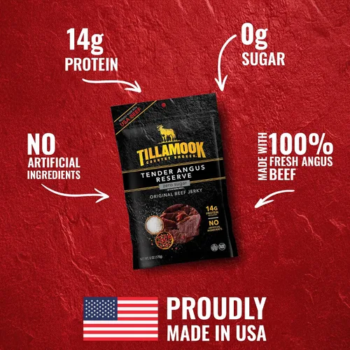 Miniatura 3 de Tillamook Country Smoker Tender Angus Reserve Original Beef Jerky, bolsa de 6 oz, Carne de res Angus de EE. UU. ahumada lentamente con madera real