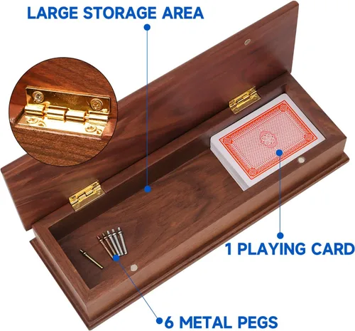 Miniatura 2 de GSE Games & Sports Expert Caja de juego de mesa de Cribbage de madera de 2 pistas con naipes, clavijas de metal y cajón de almacenamiento, tablero