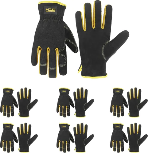 Miniatura 29 de HANDLANDY Guantes de jardinería de cuero para hombre, guantes de trabajo utilitarios para mecánicos, construcción, conductor 3 pares amarillo