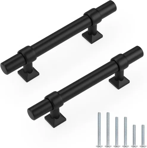 Miniatura 32 de Paquete de 5 pomos de gabinete negro mate, tiradores de gabinete de un solo agujero para cocina y baño, manija de barra en T de acero inoxidable