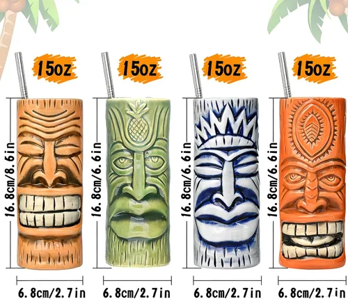 Miniatura 2 de Tiki Mugs - Juego de 4 tazas de cóctel de cristal Tiki de cerámica, vasos de cóctel únicos, taza hawaiana profesional de bar y Halloween fiesta
