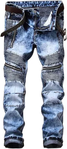AITITIA - Jeans desgastados para hombre de corte recto con cremallera, estilo motociclista
