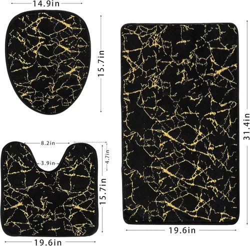 Miniatura 2 de Juego de 3 alfombras y tapetes de baño antideslizantes de mármol negro dorado, suave, lavable, absorbente de agua, con contorno en forma de U y tapa