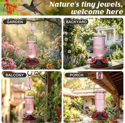 Miniatura 6 de Comederos de vidrio para colibríes FEED GARDEN para exteriores, comedero para colibríes rosa de 16 OZ con 4 puertos de alimentación con protección