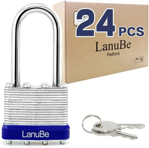 Miniatura 19 de LanuBe Candado laminado de 1-9/16 pulgadas (1.575 in) de largo grillete paquete de 2 llaves iguales, aro de plástico azul, cerraduras a granel