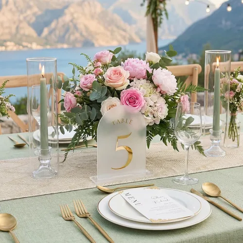 Miniatura 2 de UNIQOOO Números de mesa de arco esmerilado para boda 1-15 con soportes, lámina de oro impresa en acrílico de 5x7, signos de exhibición y soportes